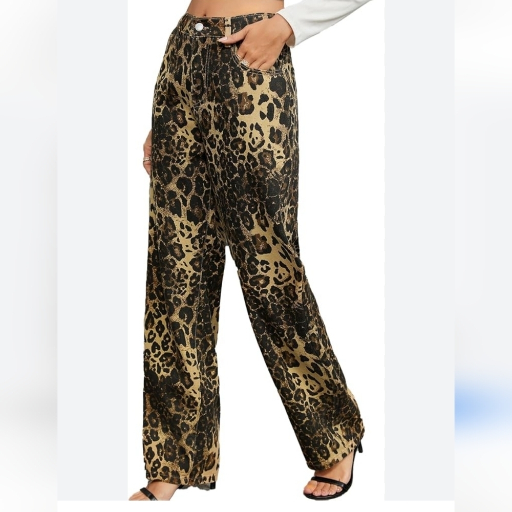 Leopard Print Jeans Wide Leg Pants Distressed Denim Animal Cheetah Print Retro S
